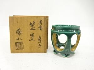 萬古焼　加賀瑞山造　青釉　夜学　蓋置